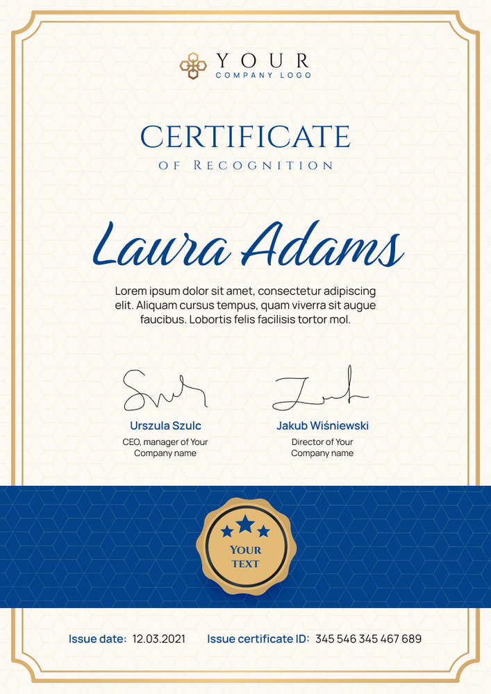 blue proffesional certificate of recognition portrait 12377