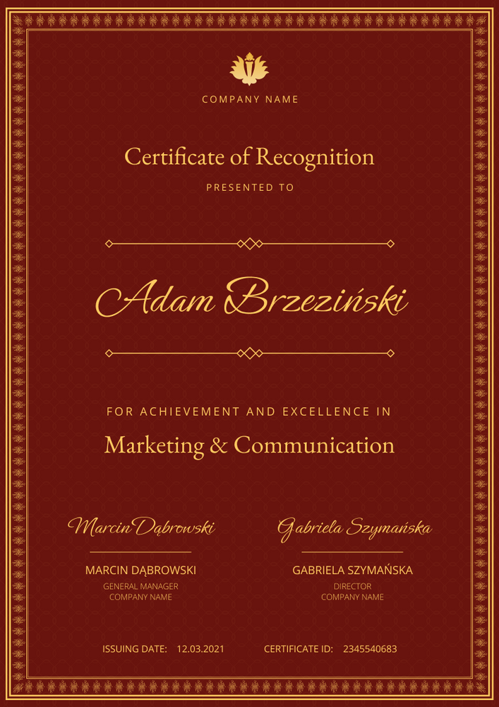 burgundy formal certificate of recognition portrait 12388
