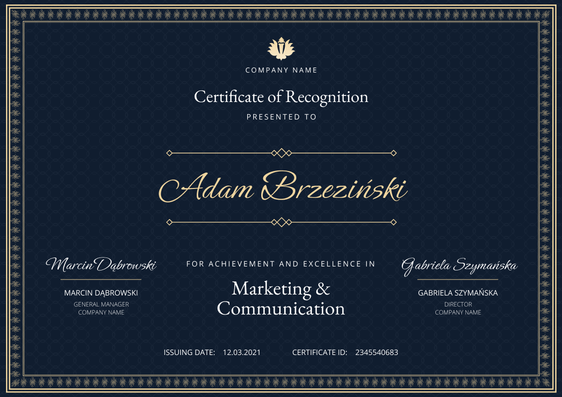 navy blue formal certificate of recognition landscape 12323