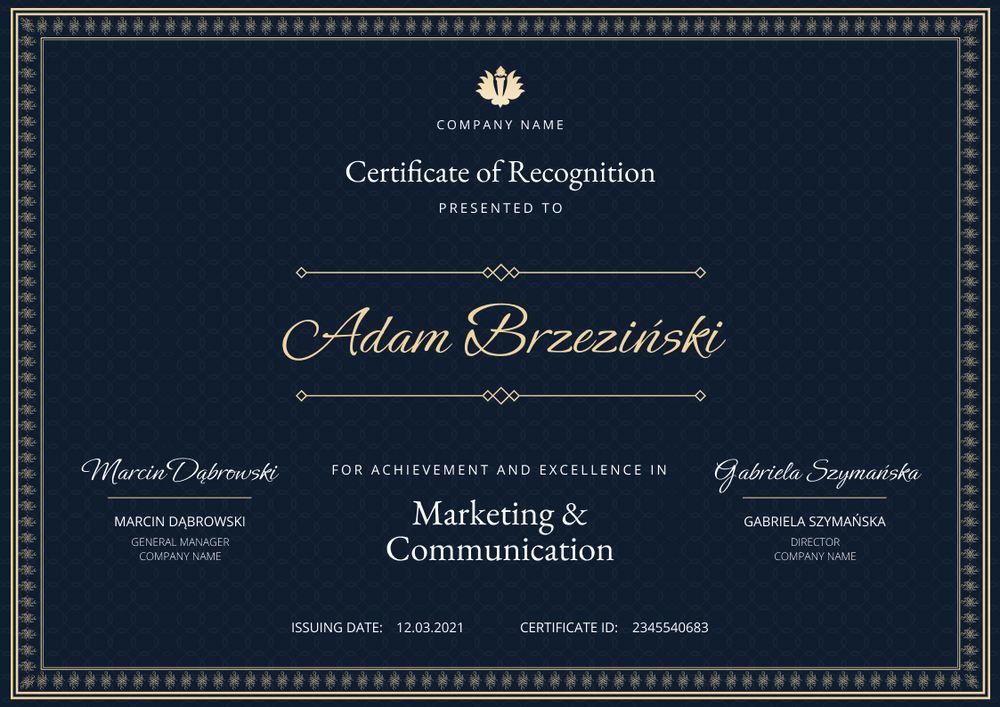 navy blue formal certificate of recognition landscape 12323