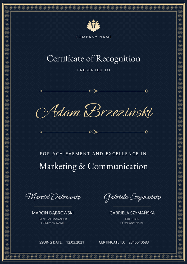 navy blue formal certificate of recognition portrait 12325