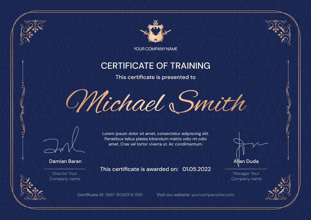 blue formal certificate of training landscape 12274