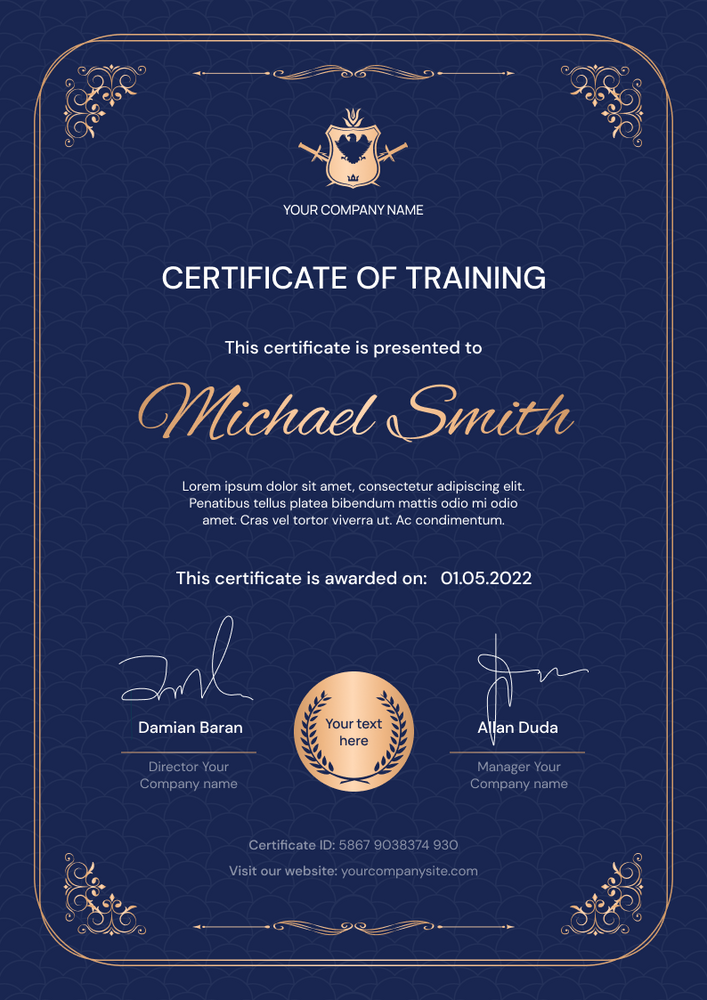 blue formal certificate of training portrait 12292