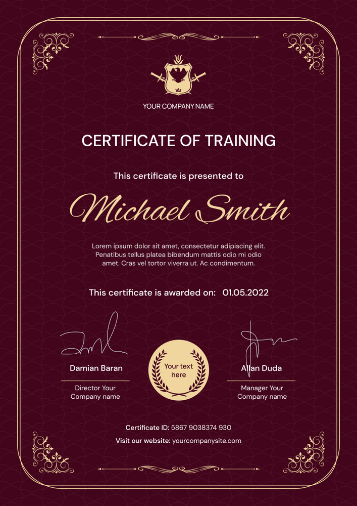 burgundy formal certificate of training portrait 12117
