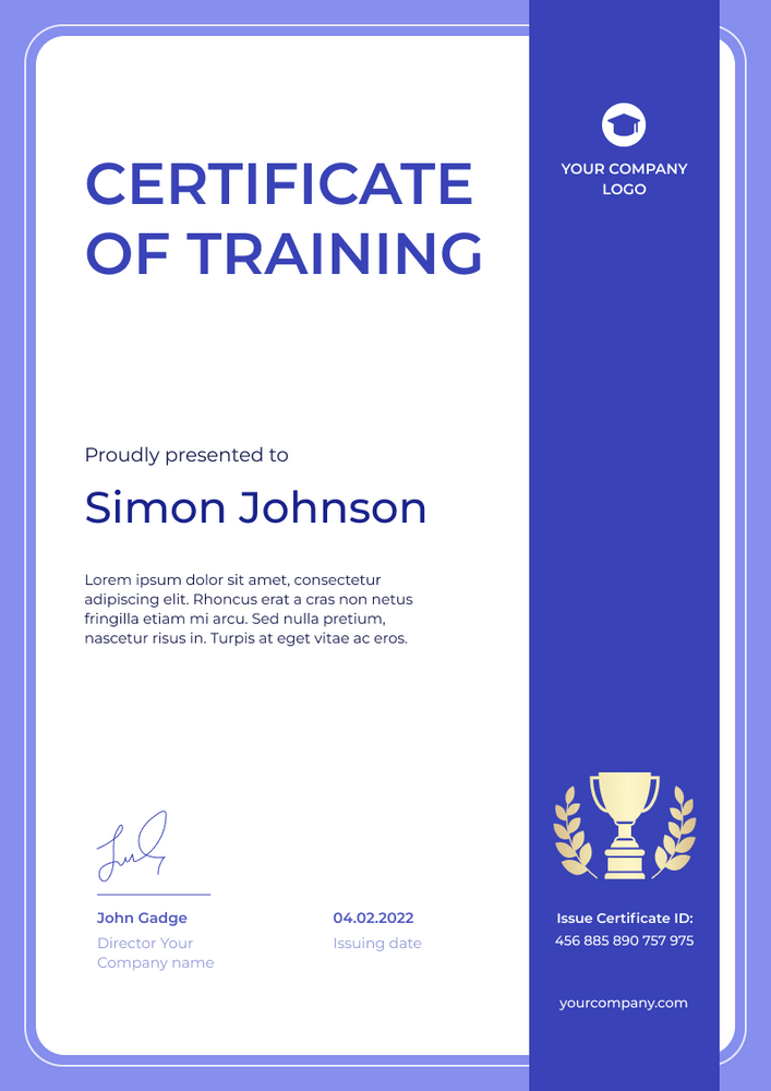 blue simple certificate of training portrait 12286