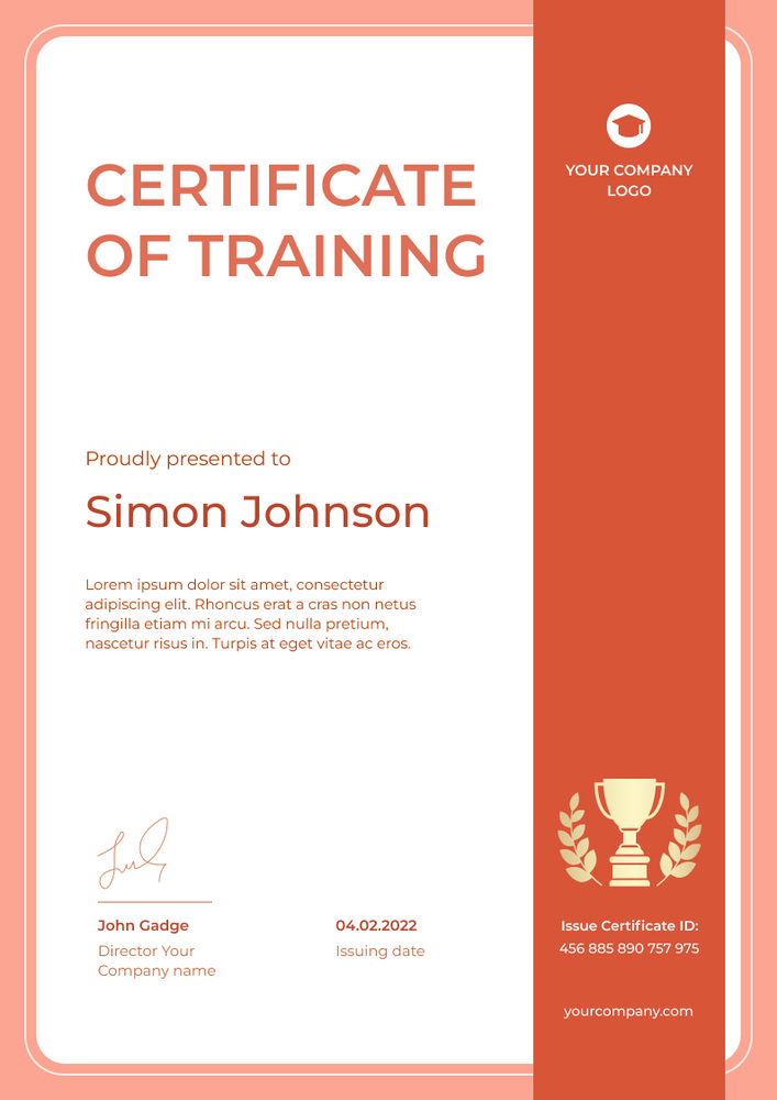 orange simple certificate of training portrait 12287