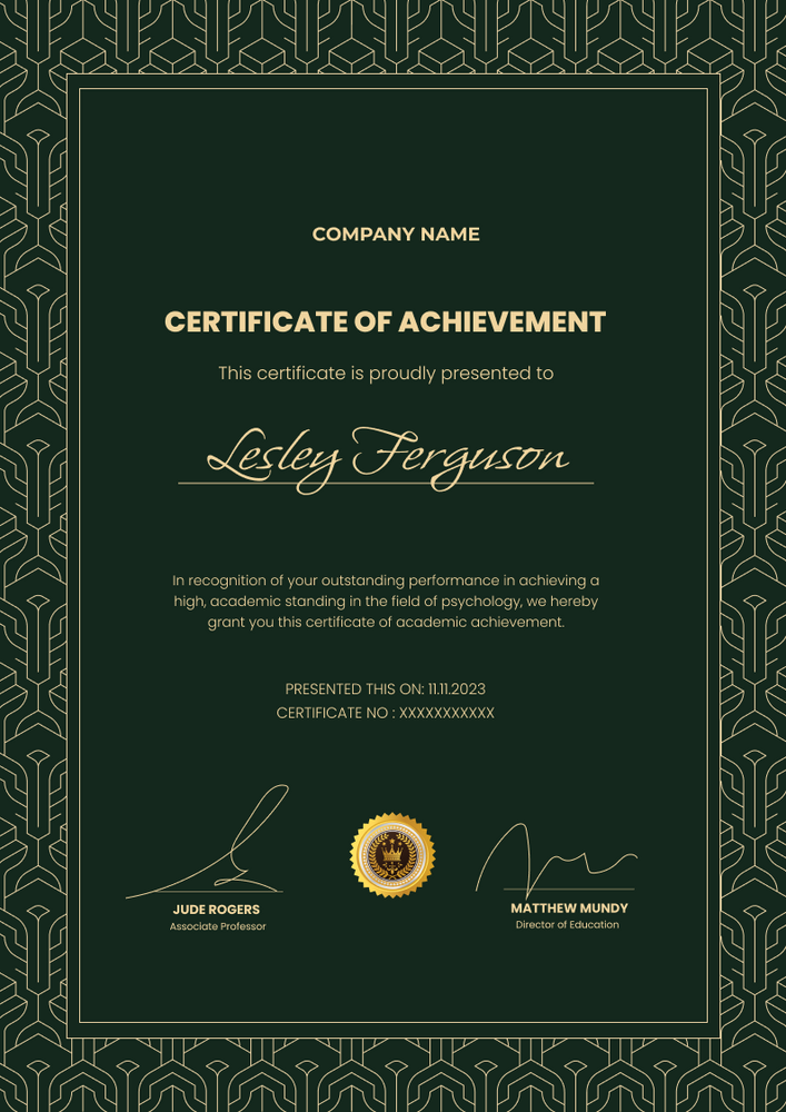 green formal certificate of achievement portrait 12717