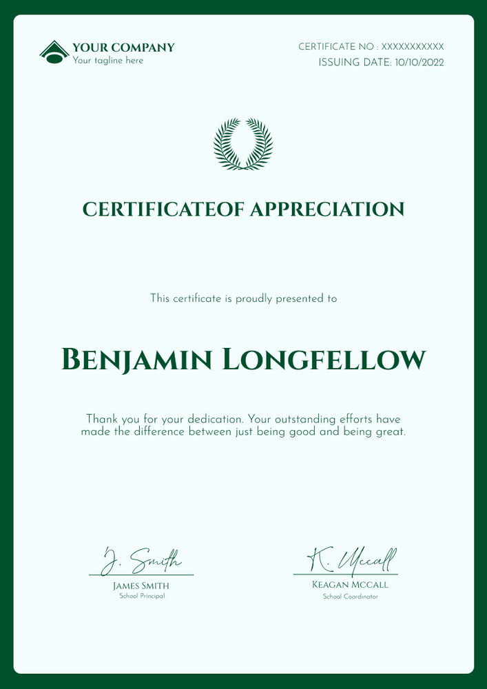 green simple certificate of appreciation portrait 12576