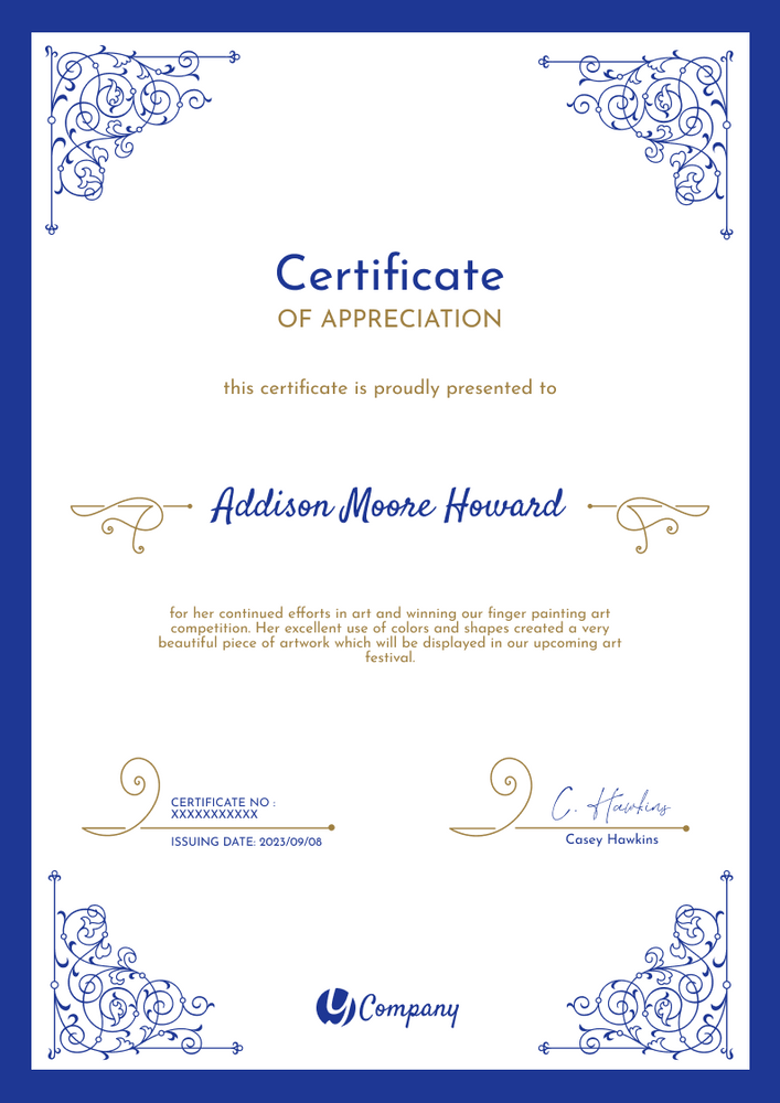 blue formal certificate of appreciation portrait 12591