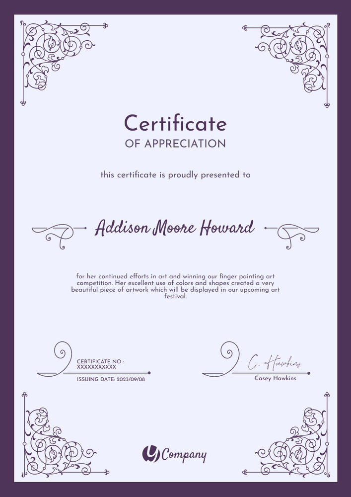 purple formal certificate of appreciation portrait 12583