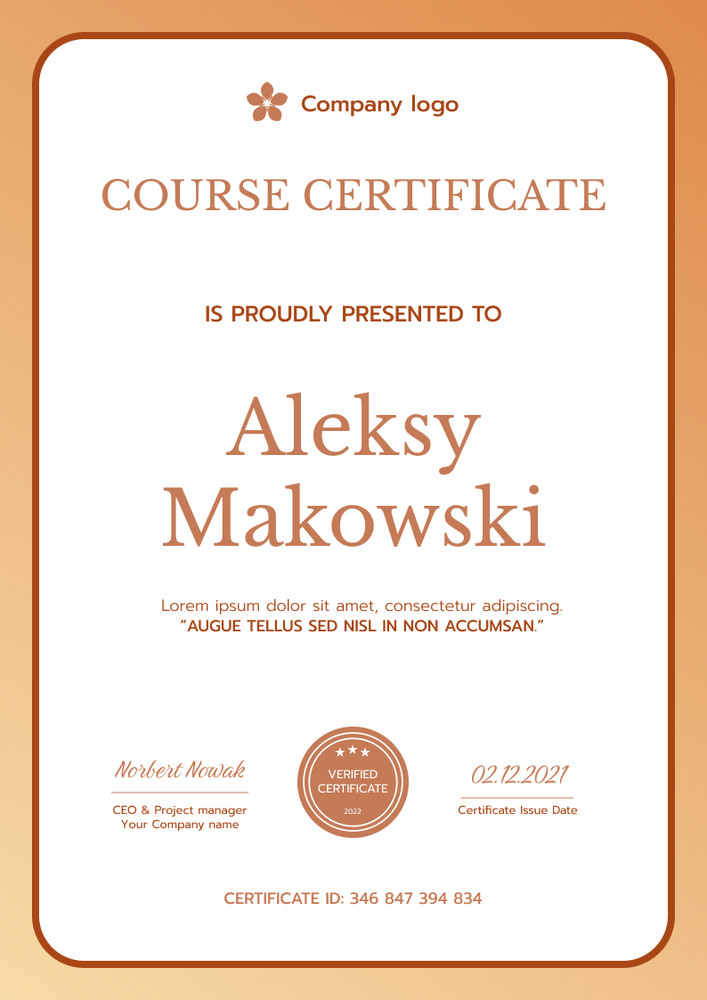 orange simple certificate of course portrait 12880