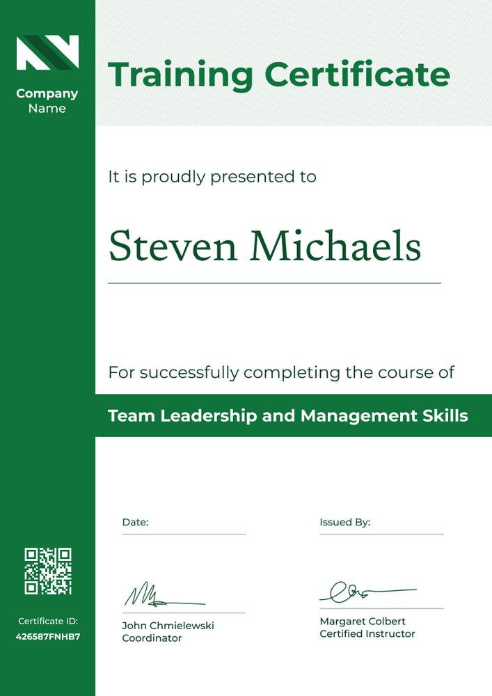 green simple certificate of training portrait 12712