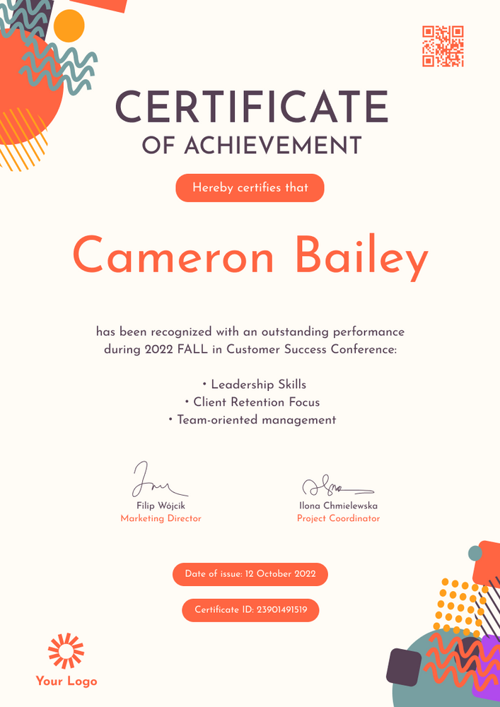 orange modern certificate of recognition portrait 12994