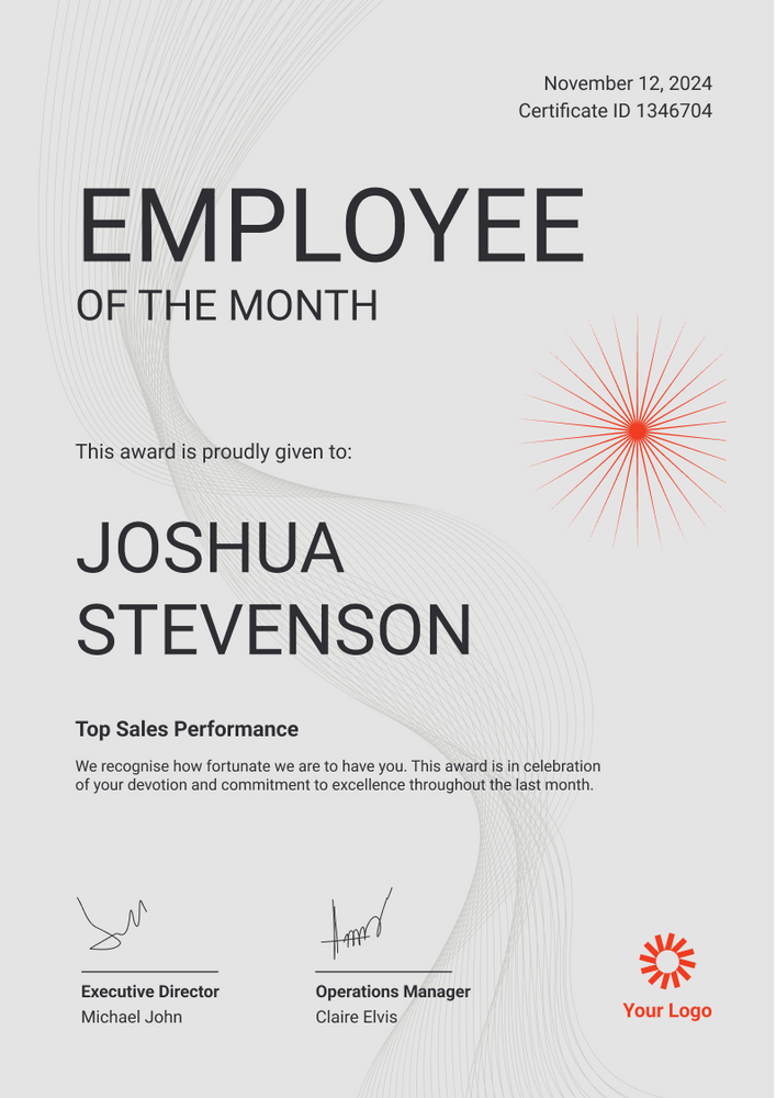 Professional and elegant employee of the month certificate template portrait