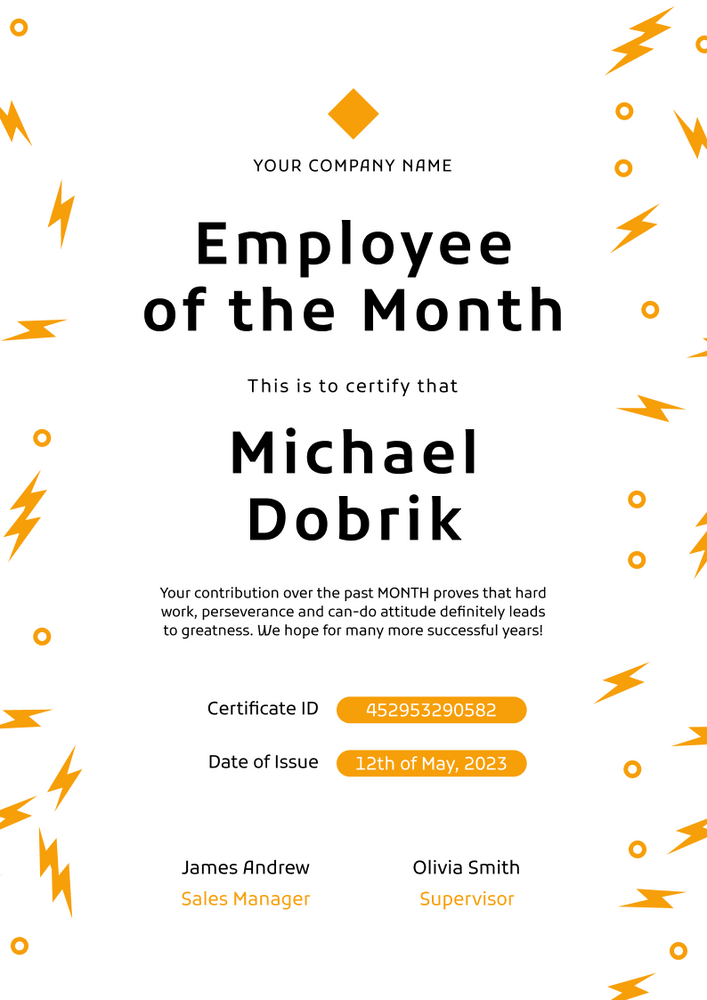 Modest and simple employee of the month certificate template portrait