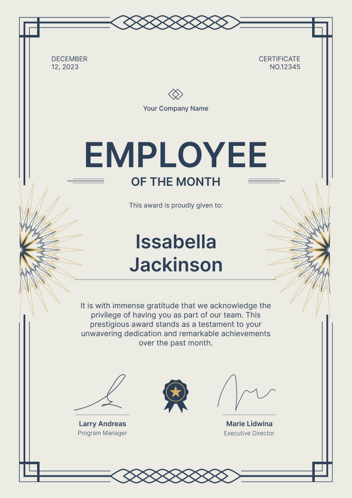 Fancy and modern employee of the month certificate template portrait