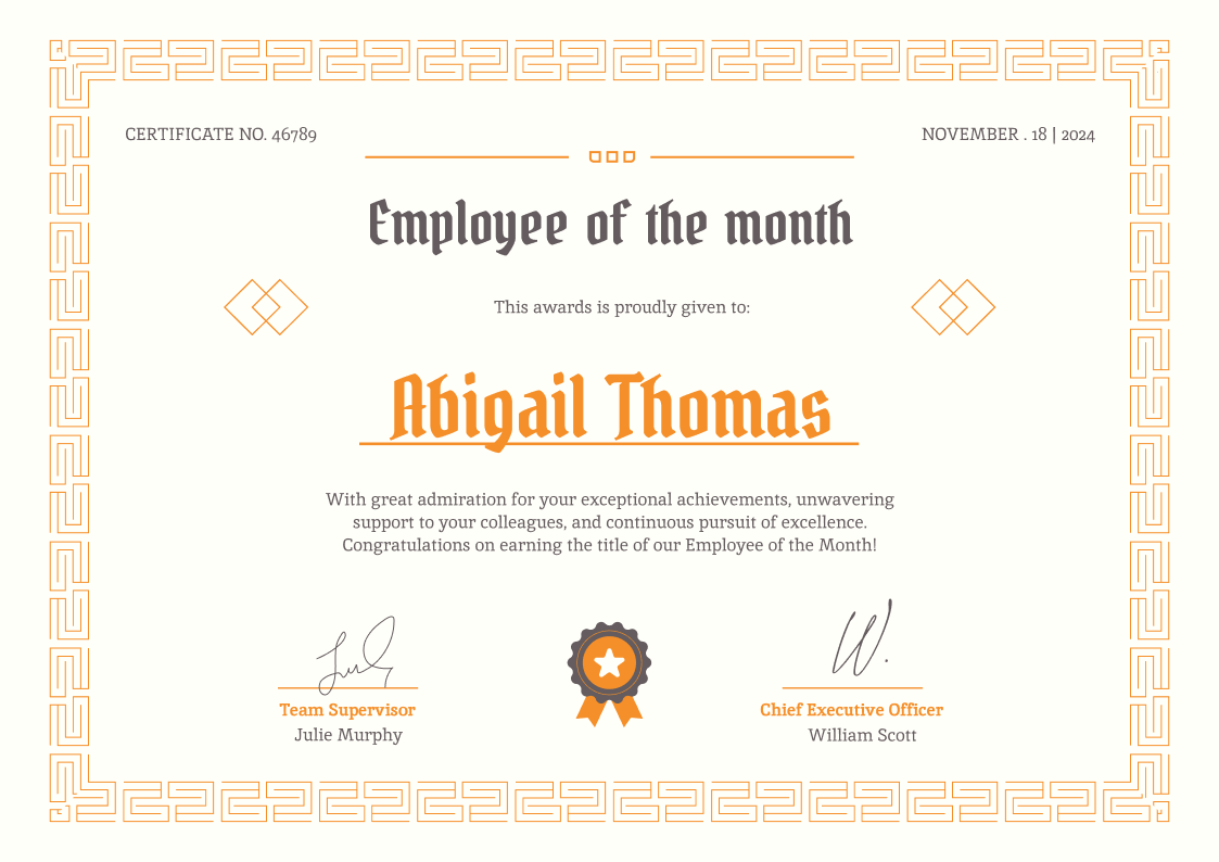 Formal and classy employee of the month certificate template landscape