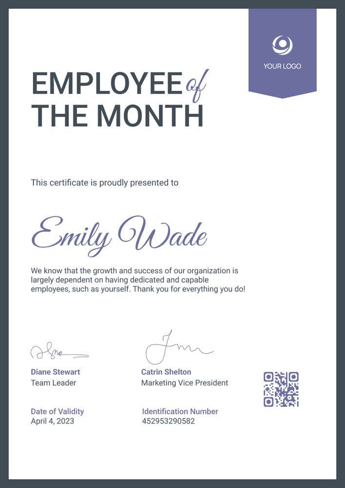 Simple and streamlined employee of the month certificate template portrait