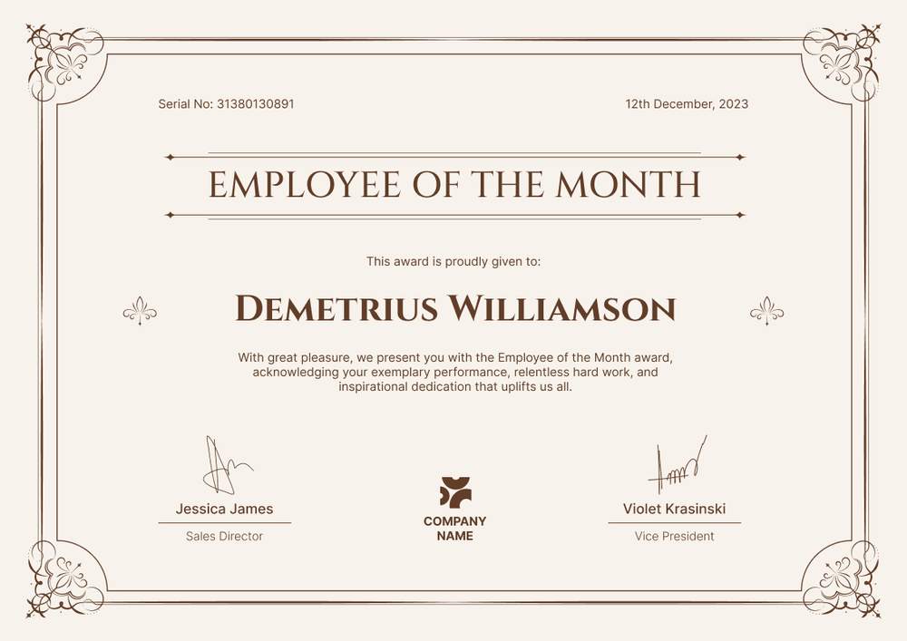 Formal and elegant employee of the month certificate template landscape
