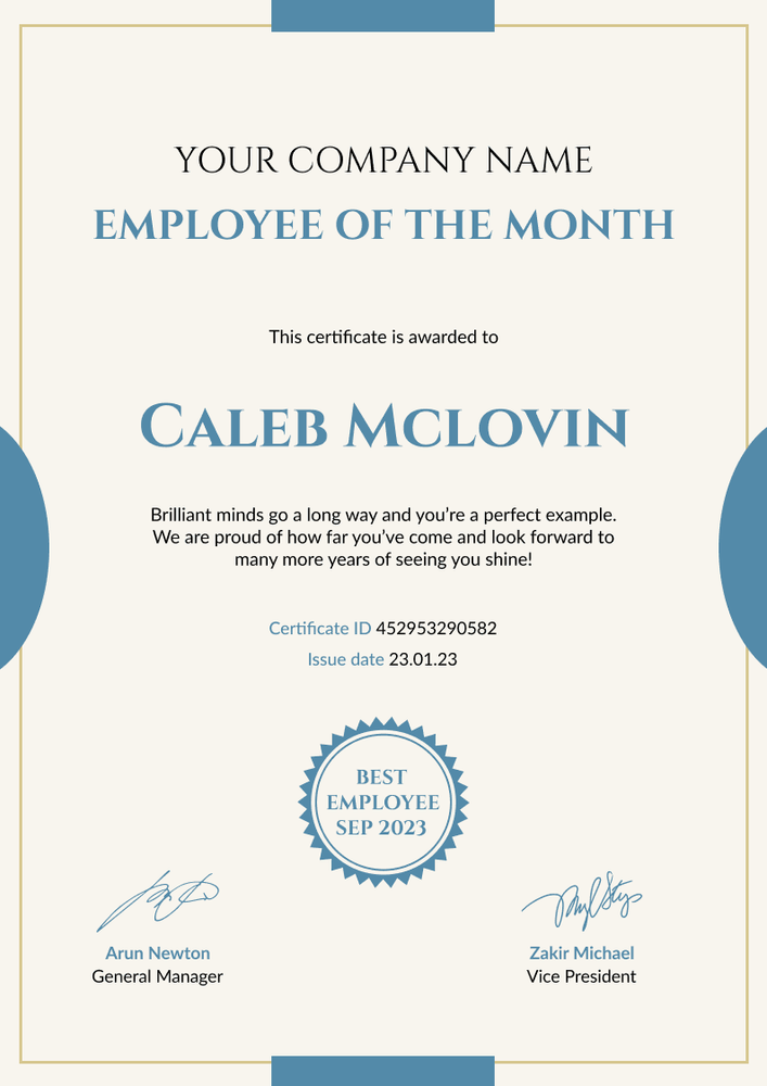 Minimalistic and simple employee of the month certificate template portrait