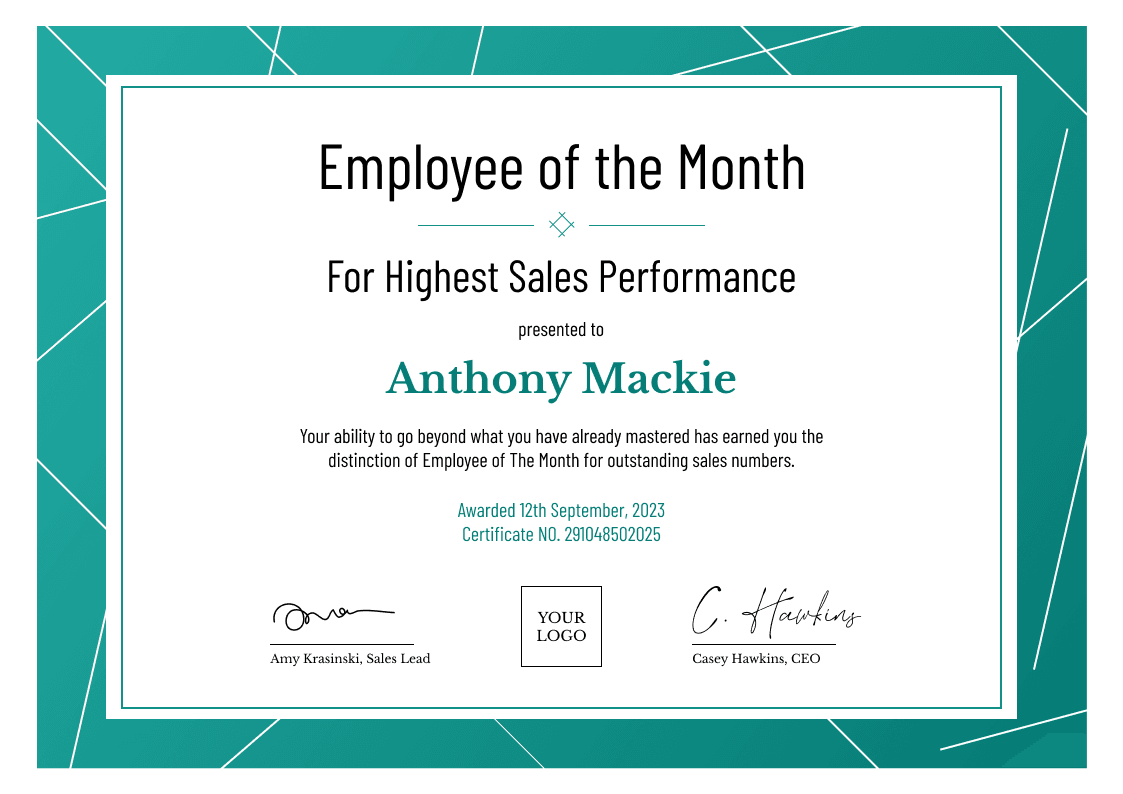 Professional and sophisticated employee of the month certificate template landscape