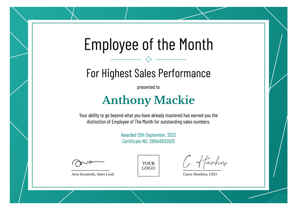 Professional and sophisticated employee of the month certificate template landscape