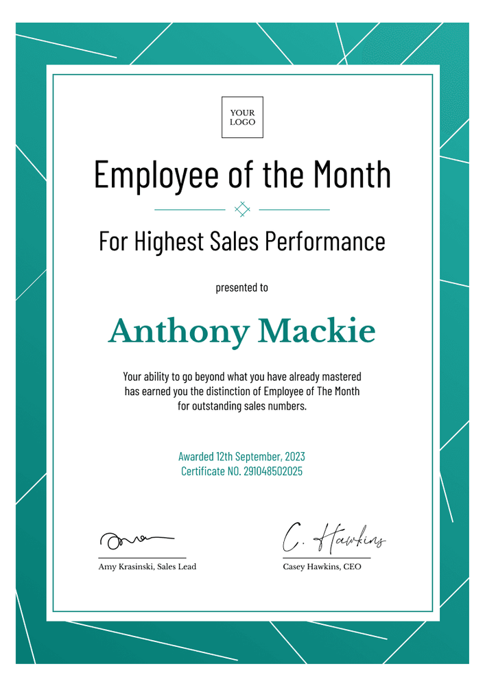 Professional and sophisticated employee of the month certificate template portrait