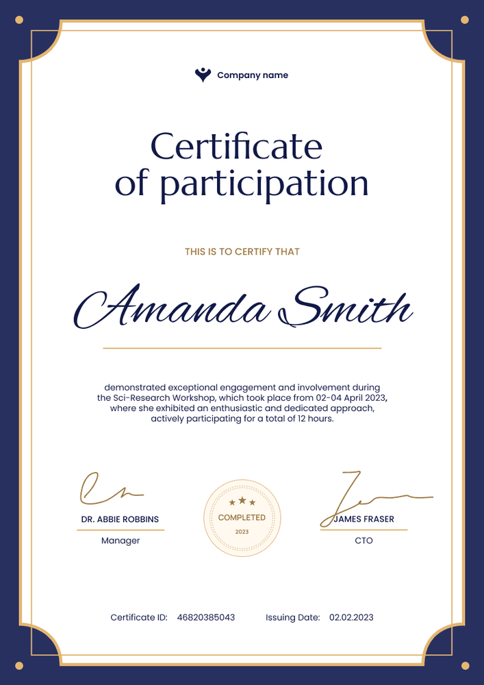 Formal and traditional certificate of participation template portrait