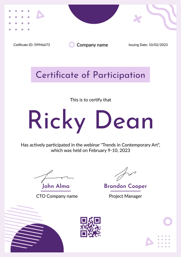 Fresh and modern certificate of participation template portrait