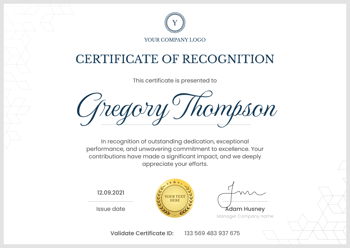 navy blue simple certificate of recognition landscape 12336