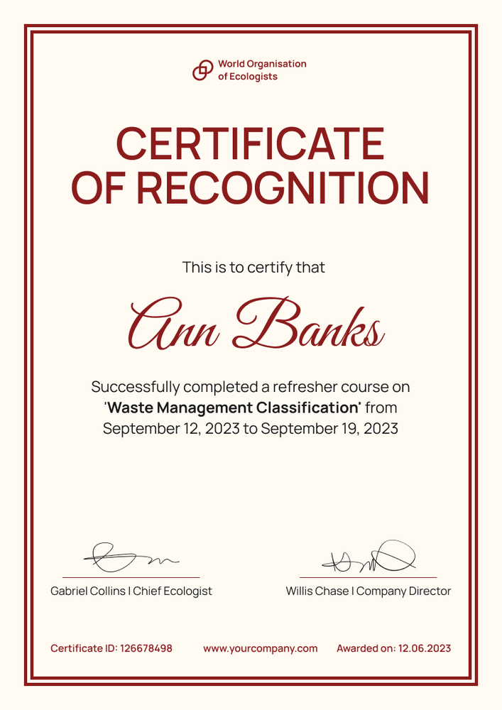 Plain and neat certificate of recognition template portrait