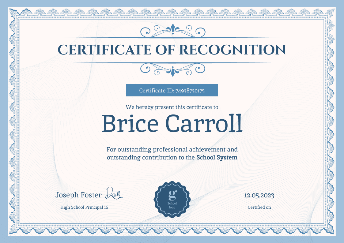 Formal and stately certificate of recognition template landscape