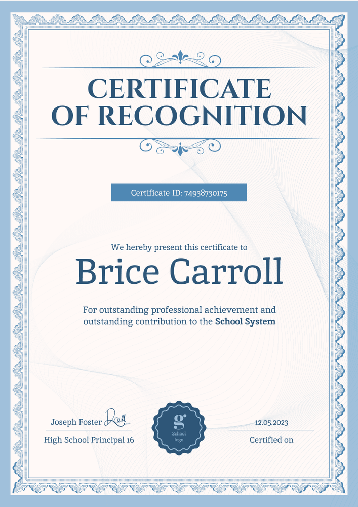 Formal and stately certificate of recognition template portrait