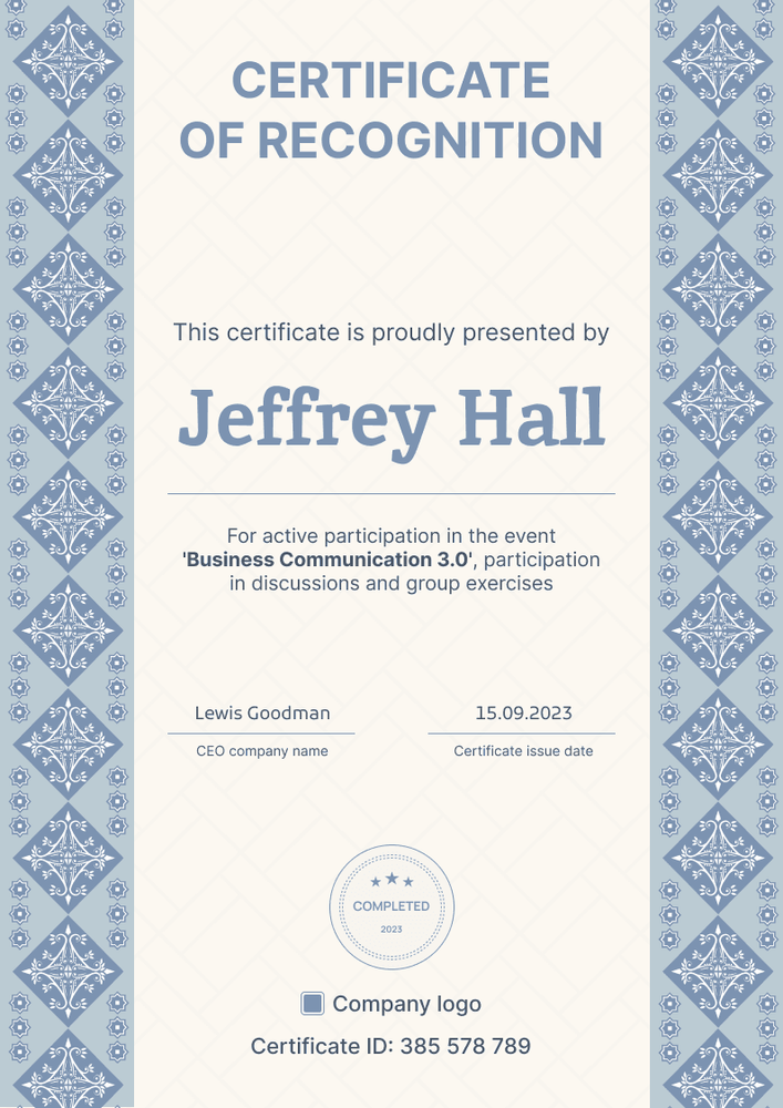 Official and formal recognition certificate template portrait