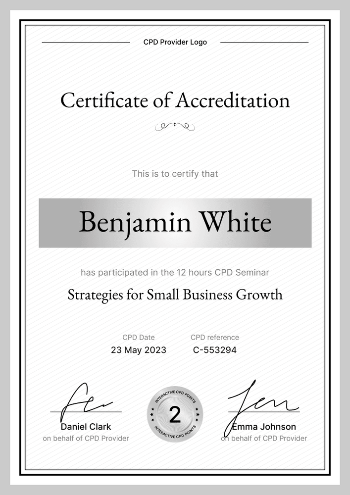Professional and sleek CPD certificate template portrait