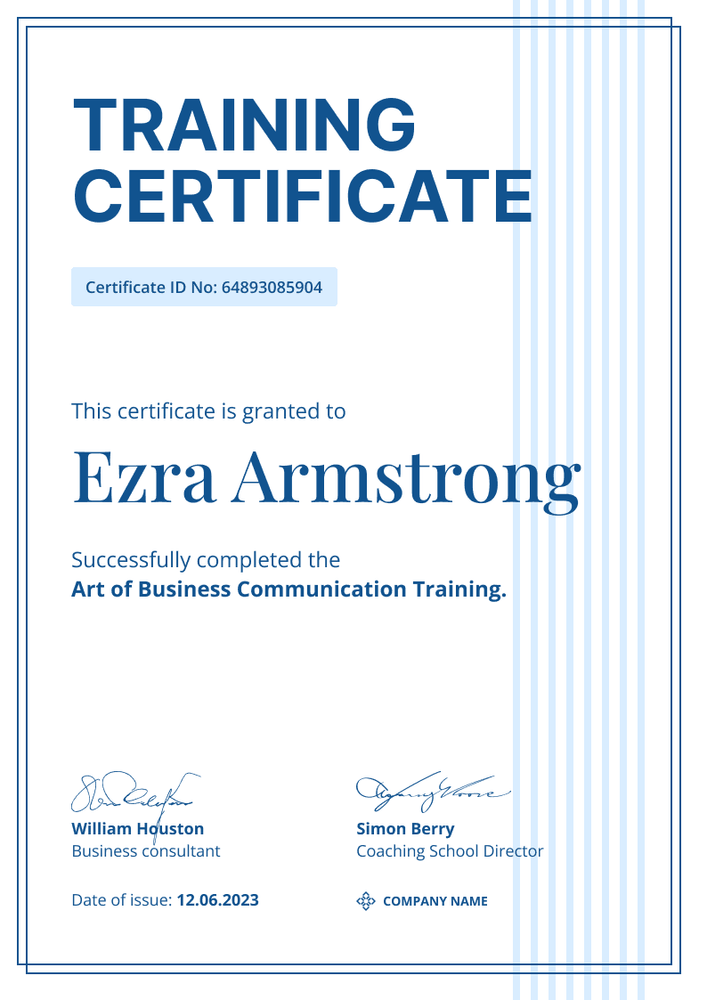 Simple and minimal certificate of training template portrait