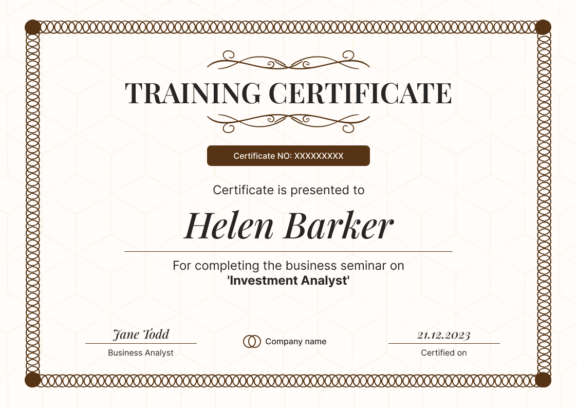 Detailed and formal training certificate template landscape