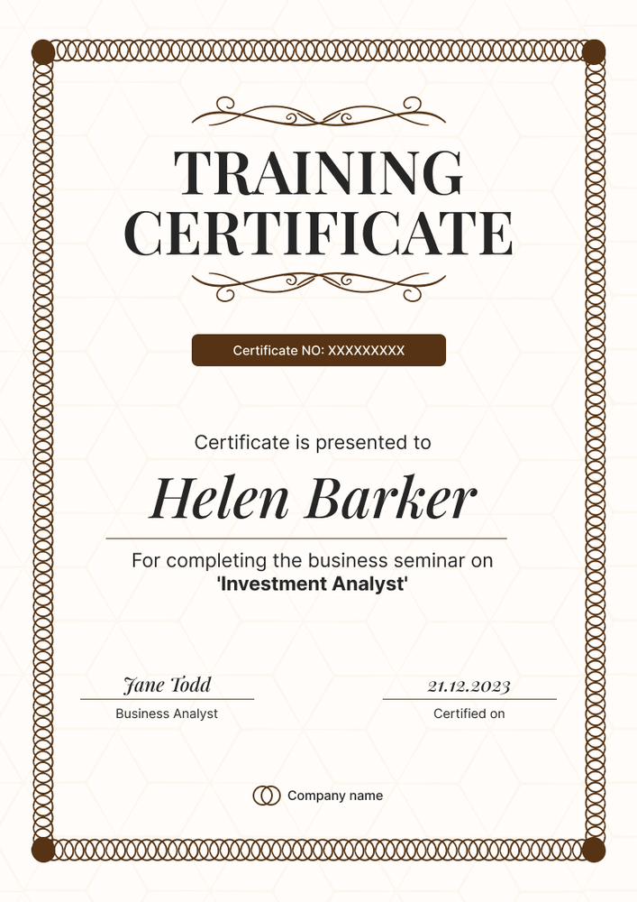 Detailed and formal training certificate template portrait