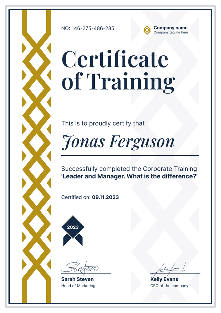 Formal and exceptional training certificate template portrait