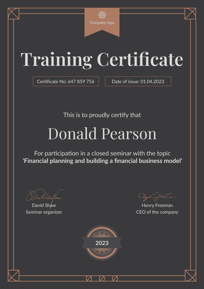 Professional and dark certificate of training template portrait