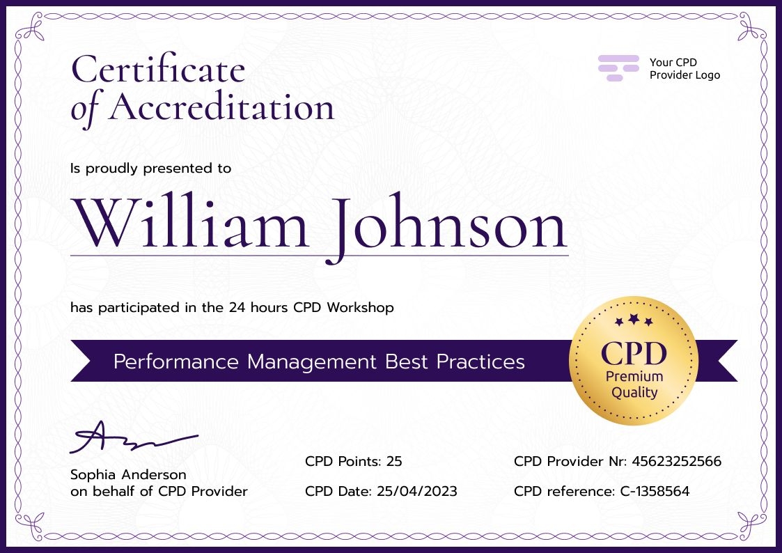 Professional and pristine CPD certificate template landscape