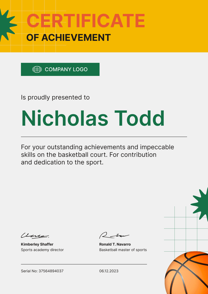 Modern and sporty certificate of achievement portrait