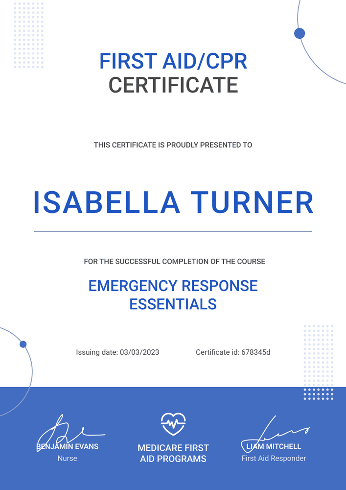 Professional and Minimalistic First-Aid and CPR Certificate Template portrait