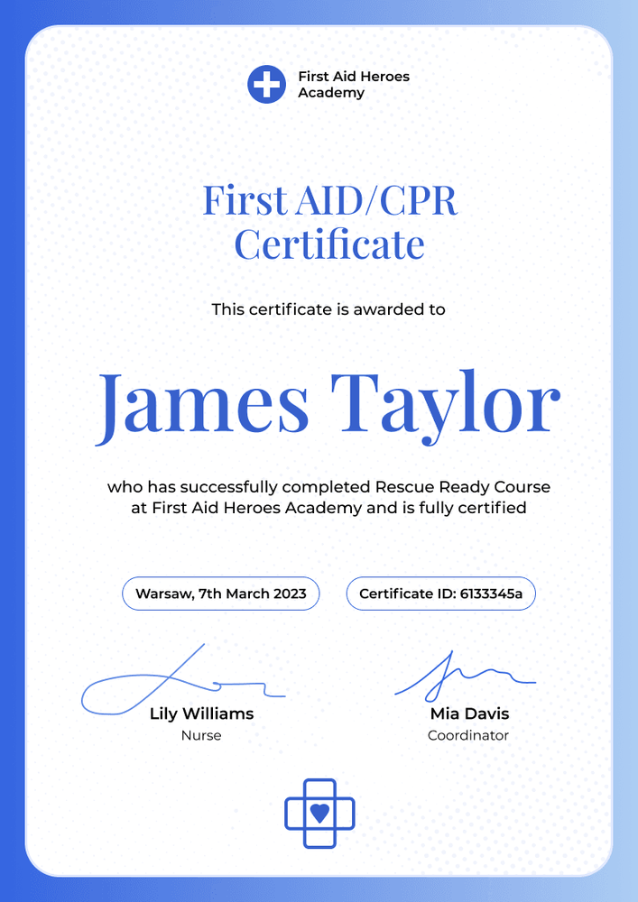 Modern and Professional First-Aid and CPR Certificate Template portrait