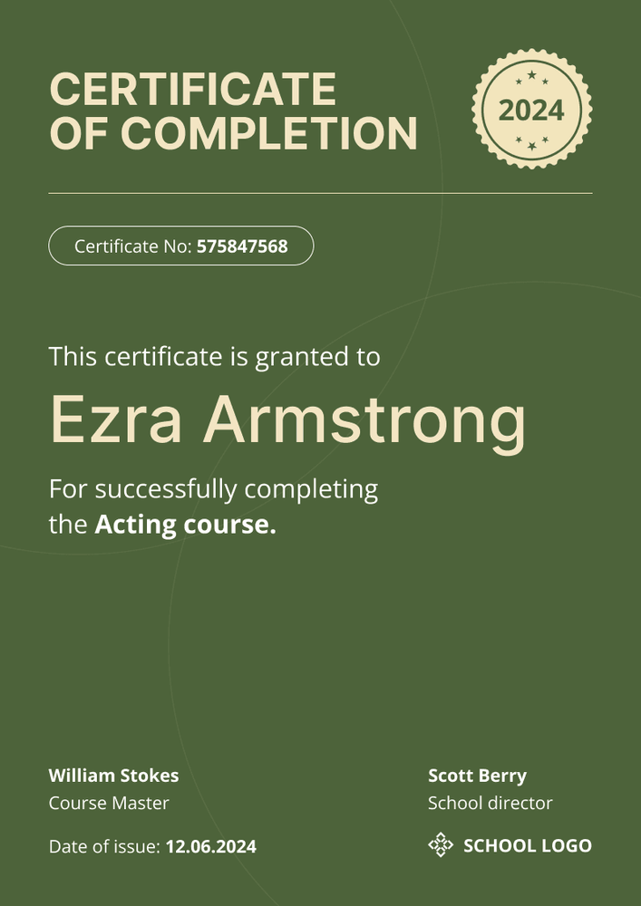 Minimalist and modern course completion certificate template portrait