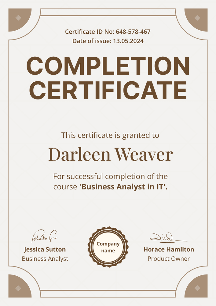 Classic and simple free certificate completion template portrait