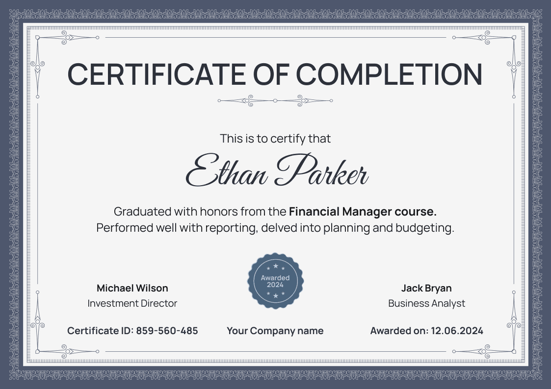 Traditional and formal completion certificate template landscape