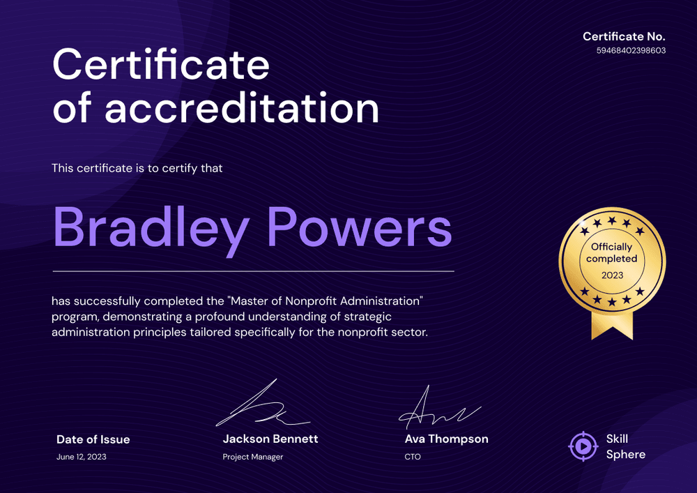 Professional dark non-profit accreditation certificate template landscape