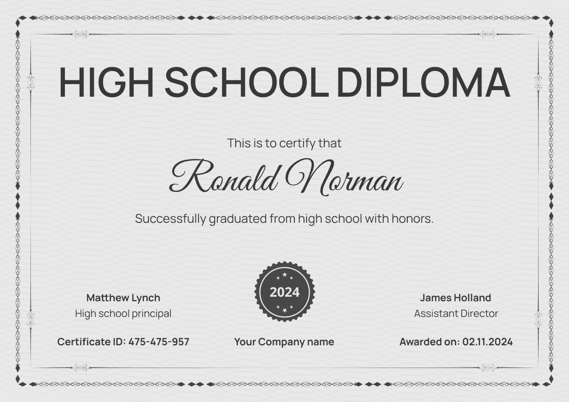 Formal and minimalist high school diploma certificate template landscape