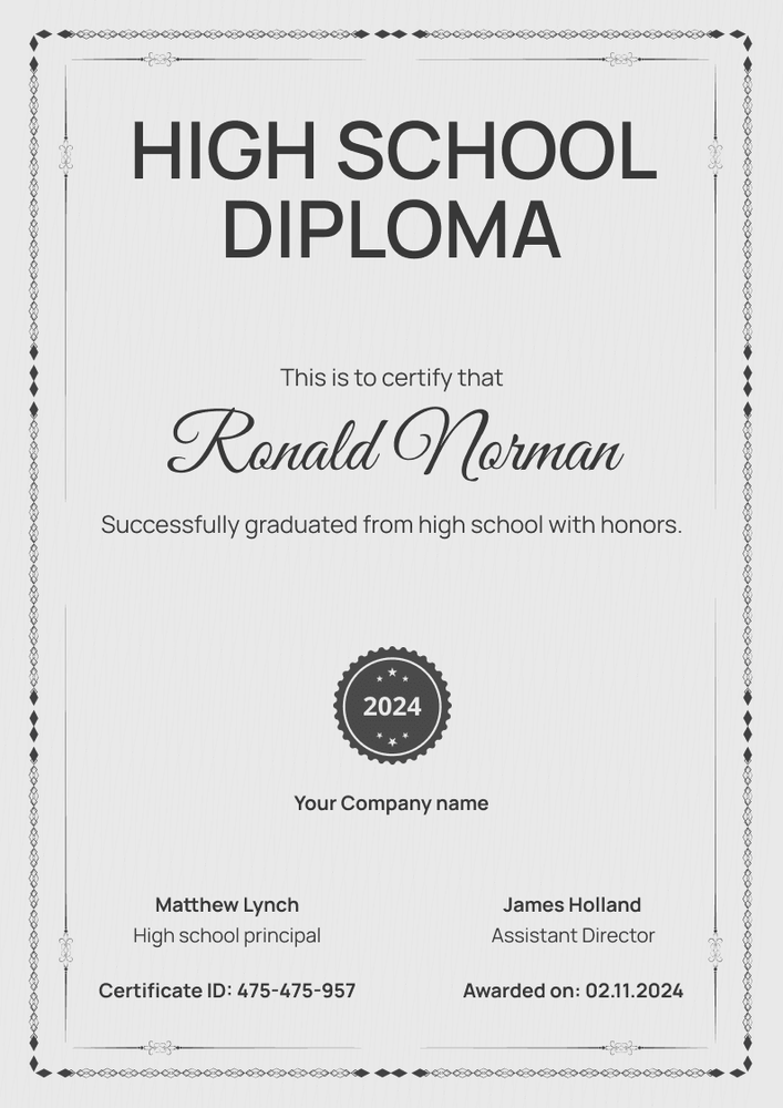 Formal and minimalist high school diploma certificate template portrait